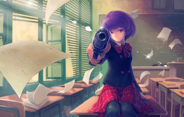 Girl, Purple, Gun, Eyes, Seifuku