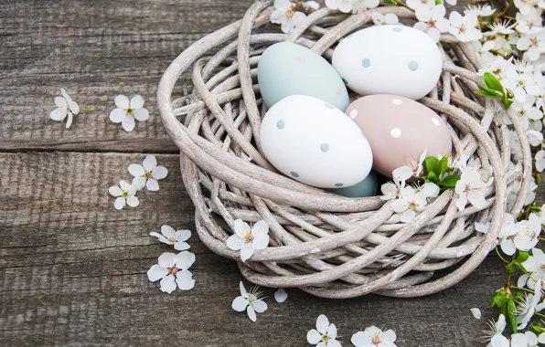 Picture flowers, eggs, colorful, Easter, happy, wood, blossom, flowers