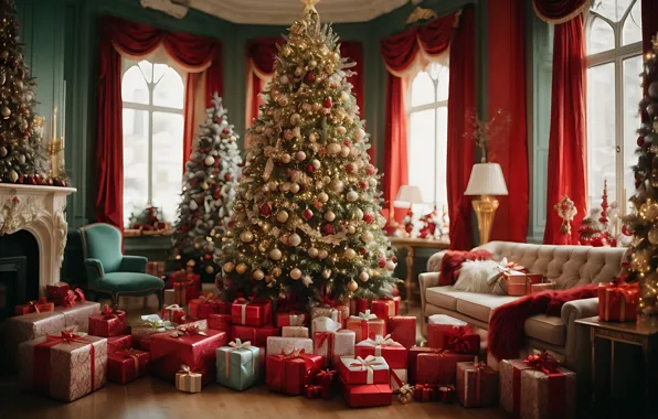 Decoration, room, balls, tree, interior, New Year, Christmas, gifts