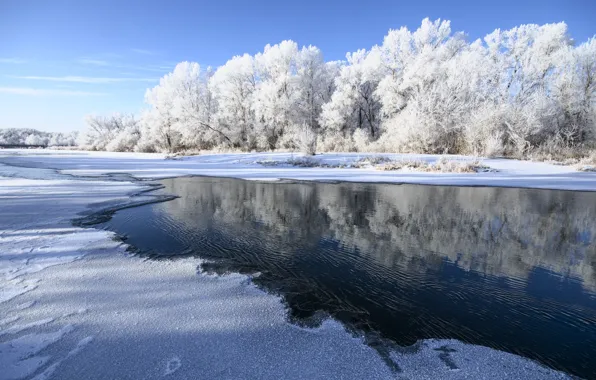 Picture winter, frost, the sky, water, snow, river, Orenburzhye