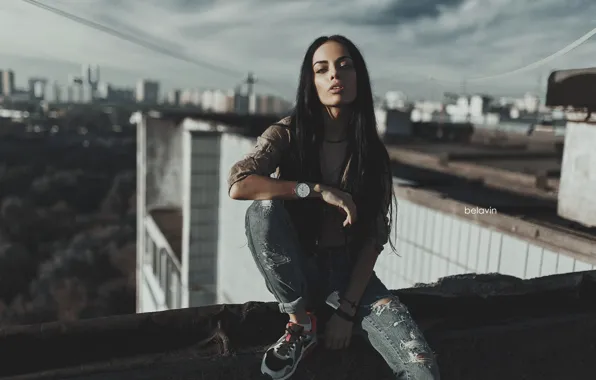 Picture look, girl, pose, watch, jeans, long hair, sneakers, on the roof