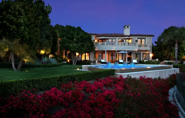 Trees, flowers, lights, house, palm trees, Villa, the evening, pool