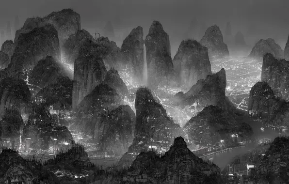 Landscape, night, the city, lights, fiction, Yang Yongliang