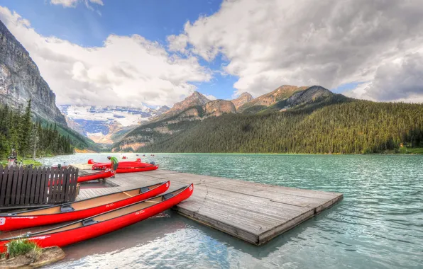Forest, clouds, mountains, lake, boats, Canada, Albert, Banff National Park