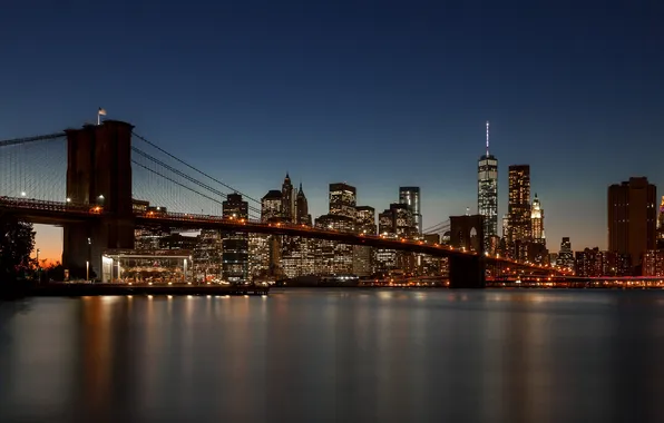 Picture night, lights, reflection, New York, mirror, horizon, Brooklyn bridge, United States