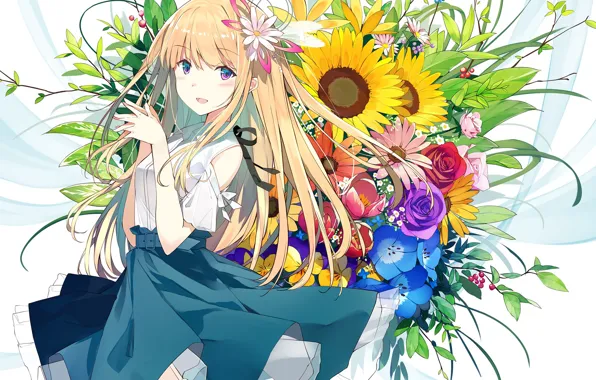 Picture sunflowers, flowers, bouquet, girl