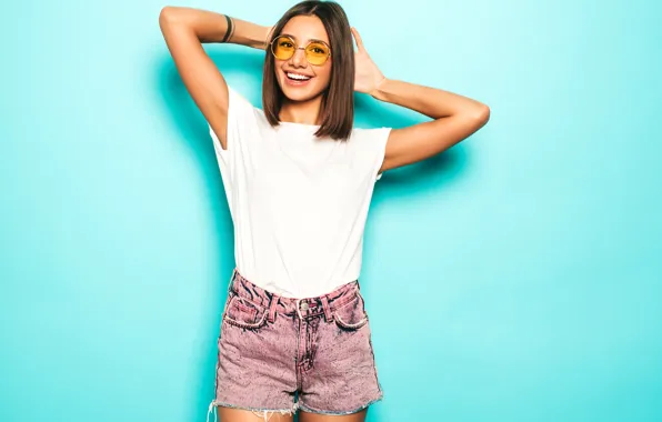 Picture girl, joy, shorts, glasses, cute, emotion