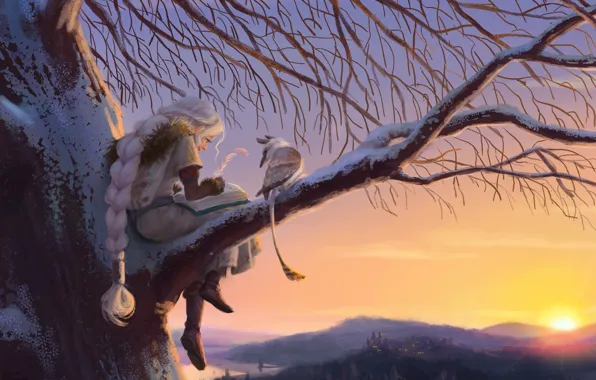 Winter, girl, sunset, fantasy, Griffin