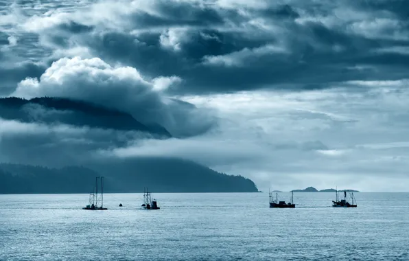 Sea, mountains, fishing, cloudy, salmon, fishermen, fisher boats