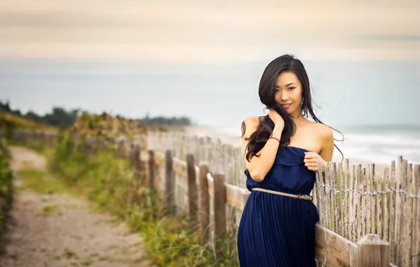 Road, beach, girl, the fence, dress, girl, Asian, beach