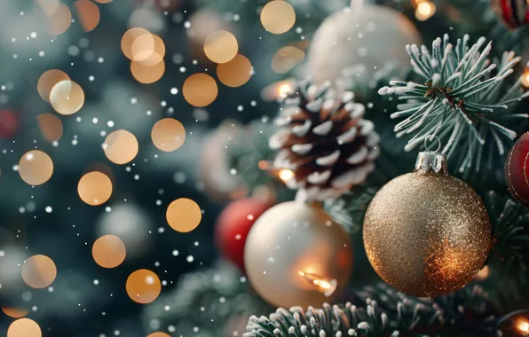 Frost, balls, lights, Christmas, New year, needles, bumps, bokeh