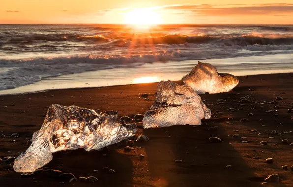 Ice, winter, sand, sea, wave, the sky, the sun, clouds