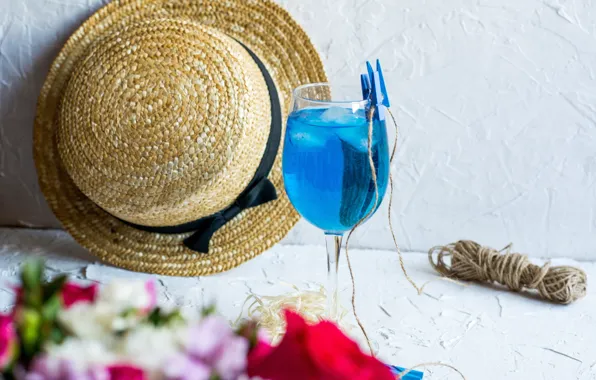 Summer, glass, hat, cocktail, blue lagoon