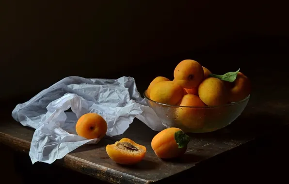 Paper, table, bowl, still life, parchment, items, apricots