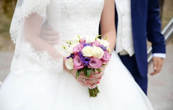 Roses, bouquet, dress, the bride, wedding