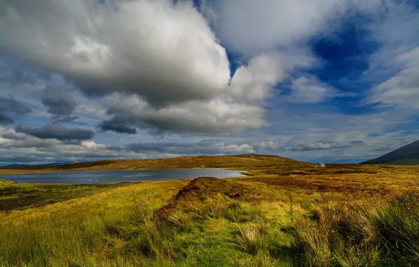 Wallpaper field, autumn, the sky, grass, clouds, blue, hills, shore for ...