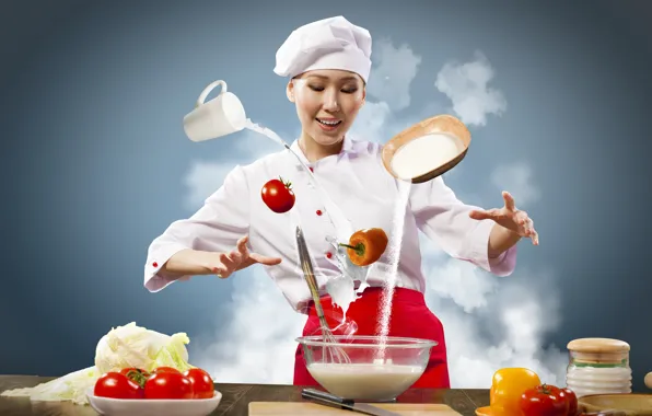 Picture girl, smile, eggs, milk, cook, tomatoes, peppers