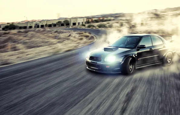 Picture road, smoke, dust, skid, drift, Subaru, Subaru Impreza, Sti