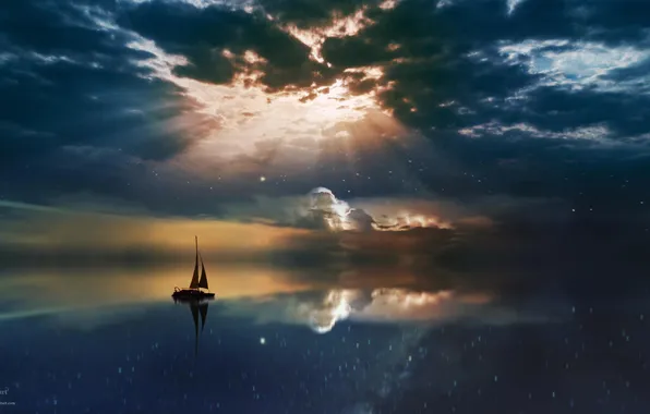 The sky, clouds, sunset, sailboat, the evening, art, art, the sun's reflection in the water