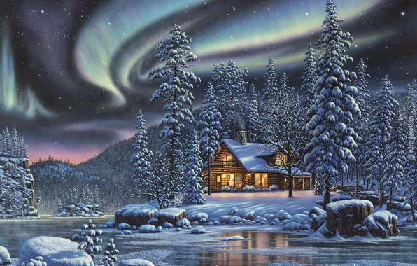 Picture winter, forest, night, Northern lights, house, river