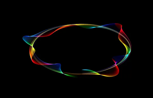 Line, abstraction, black background, oval, the colors of the rainbow, neon glow, bends lines