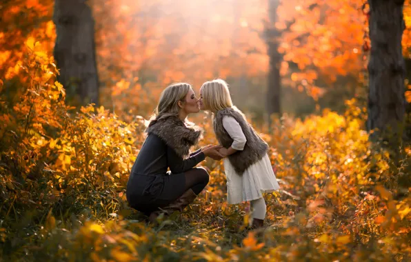 Autumn, forest, kiss, girl, mom, Autumn, daughter