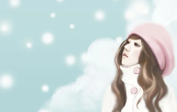 Picture girl, snowflakes, brown hair, cap, daydreaming, Enakei
