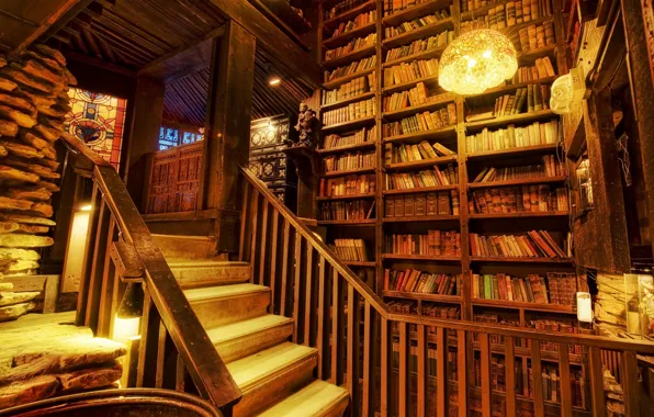 Books, ladder, stained glass, library, lamps