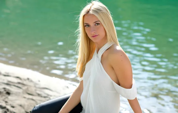 Picture look, girl, light, lake, blonde, blouse