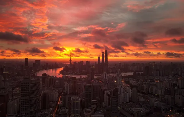 The sky, clouds, sunset, the city, view, building, home, skyscrapers