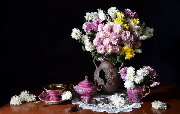Tea, candy, still life, chrysanthemum