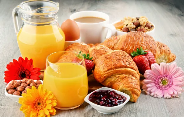 Picture flowers, coffee, strawberry, juice, cakes, jam, croissant