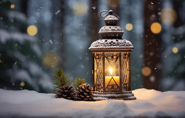 Winter, snow, night, Christmas, lantern, New year, Christmas, night