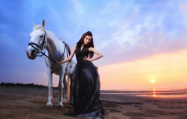 Girl, sunset, horse