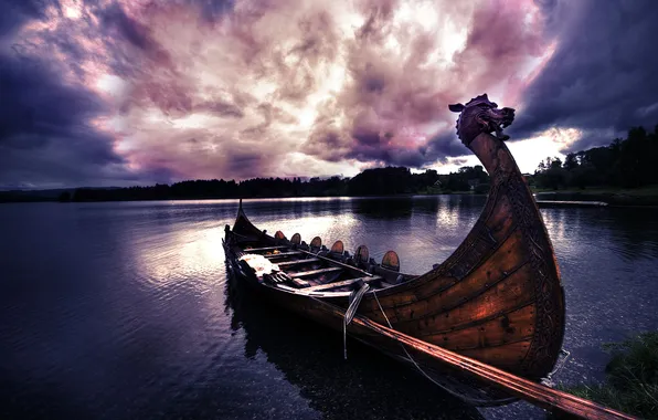 The sky, clouds, river, boat