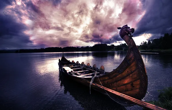 Picture the sky, clouds, river, boat
