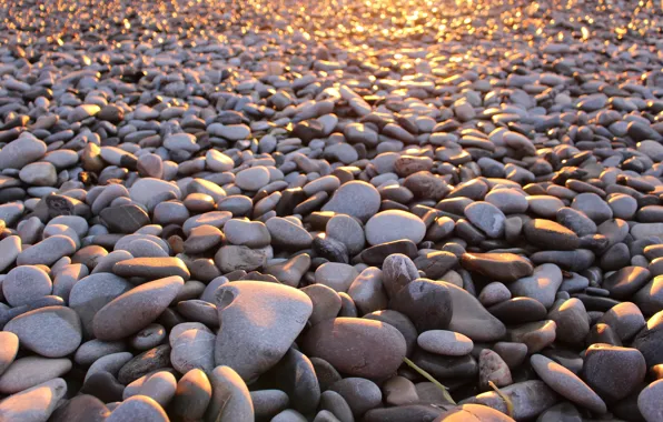 Beach, light, sunset, pebbles, glare, stones, background, shore