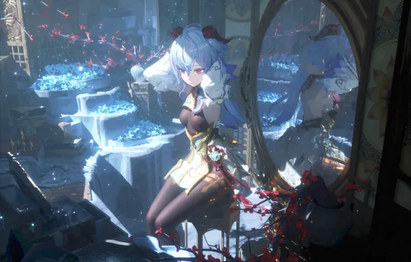 Picture flowers, mirror, horn, Evie, Genshin Impact, Ganyu