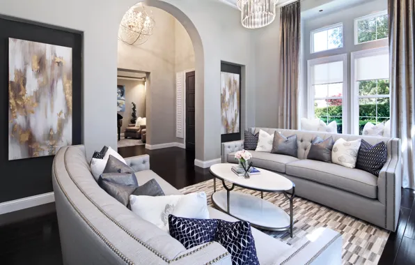 Design, table, sofa, Villa, pillow, window, curtains, luxury