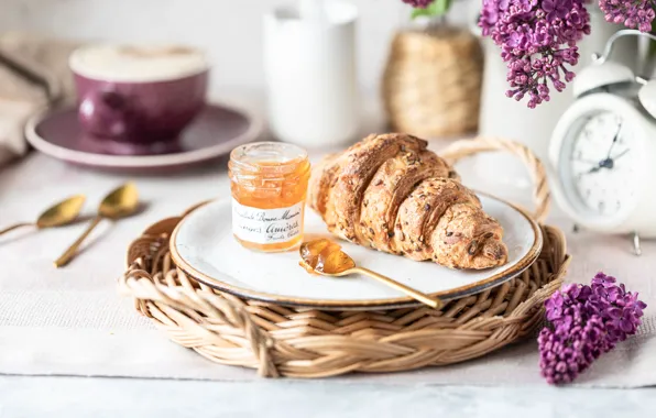 Coffee, Breakfast, milk, Cup, jam, croissant, jar, Karina Klachuk