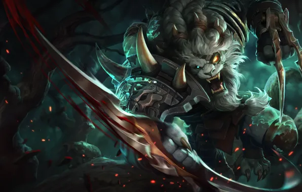 Trees, weapons, blood, monster, fantasy, sparks, Jason Chan, League of Legends