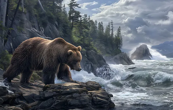 Picture Water, Trees, Clouds, Bear, Predator, River, Digital art, Brown bear