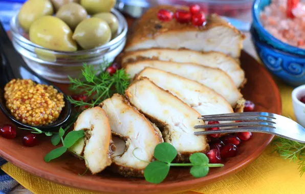 Meat, olives, garnet, mustard