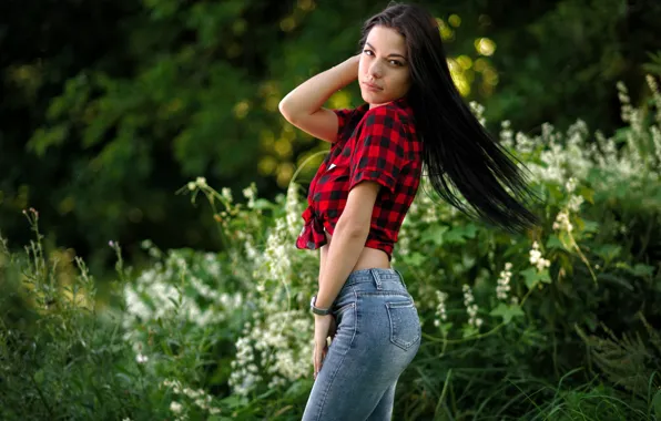 Picture greens, grass, look, trees, flowers, sexy, pose, background