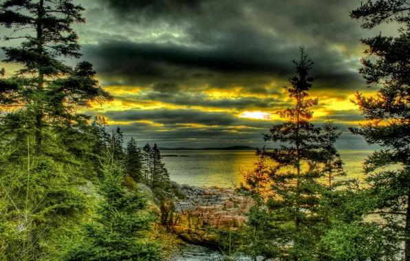The sky, trees, clouds, lake, the evening, hdr