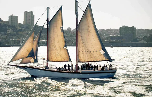 The city, coast, ship, sailboat, Bay, sails, ocean, passengers