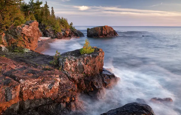 Sea, autumn, trees, landscape, lake, rocks, Canada, Ontario