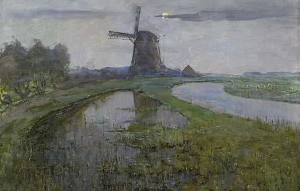 Landscape, oil, picture, canvas, Mill in the Moonlight, Pieter Cornelis Mondrian