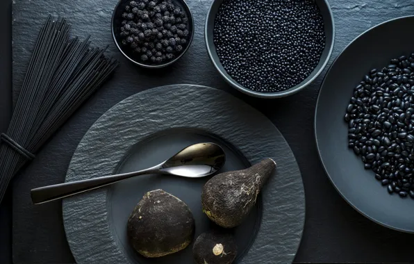 The dark background, stylish, plate, spoon, spaghetti, black, grain, spices