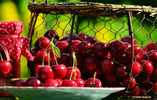 Picture cherry, berries, plate, Bank, basket, jam